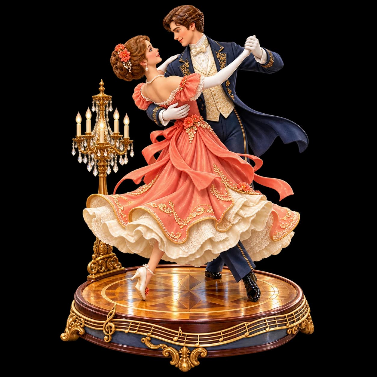 Miniature couple turning in an elegant waltz on a parquet platform